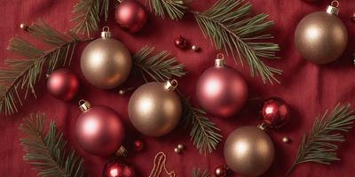 The primary subject of the image is a group of Christmas ornaments, including gold and red balls, hanging from a tree. The setting is a Christmas tree with ornaments, and the visual style is a close-up of the ornaments. The colors and mood of the image are festive and joyful, as the ornaments are associated with the holiday season.